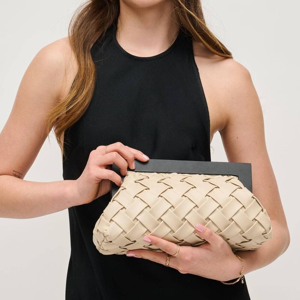 Jamie Woven Clutch Wooden Frame Ivory Vegan Leather - Picture 3 of 5